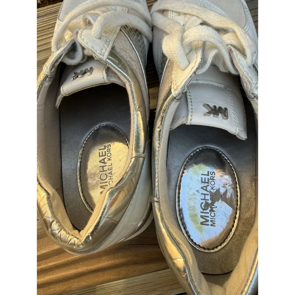 MICHAEL KORS Women's Allie White Cream & Sliver Wrap Trainer Sneakers Sz 8 M